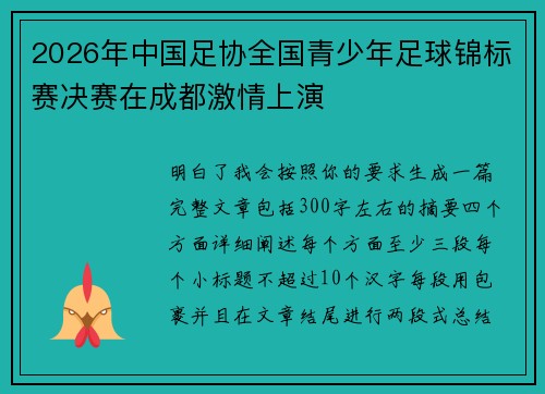 2026年中国足协全国青少年足球锦标赛决赛在成都激情上演