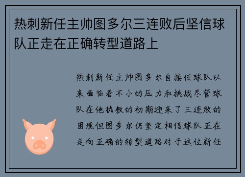 热刺新任主帅图多尔三连败后坚信球队正走在正确转型道路上 热刺新任主帅图多尔三连败后坚信球队正走在正确转型道路上