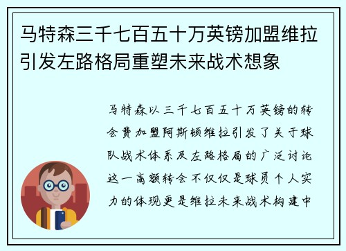 马特森三千七百五十万英镑加盟维拉引发左路格局重塑未来战术想象 马特森三千七百五十万英镑加盟维拉引发左路格局重塑未来战术想象